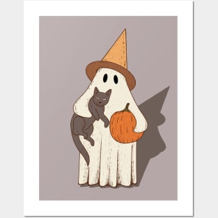 Vintage Ghost with Cat Halloween Graphic Posters and Art